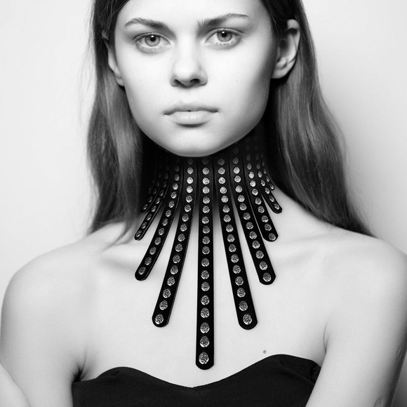 New Black Leather Studded Fringe Collar Statement Necklace - Picture 8 of 16